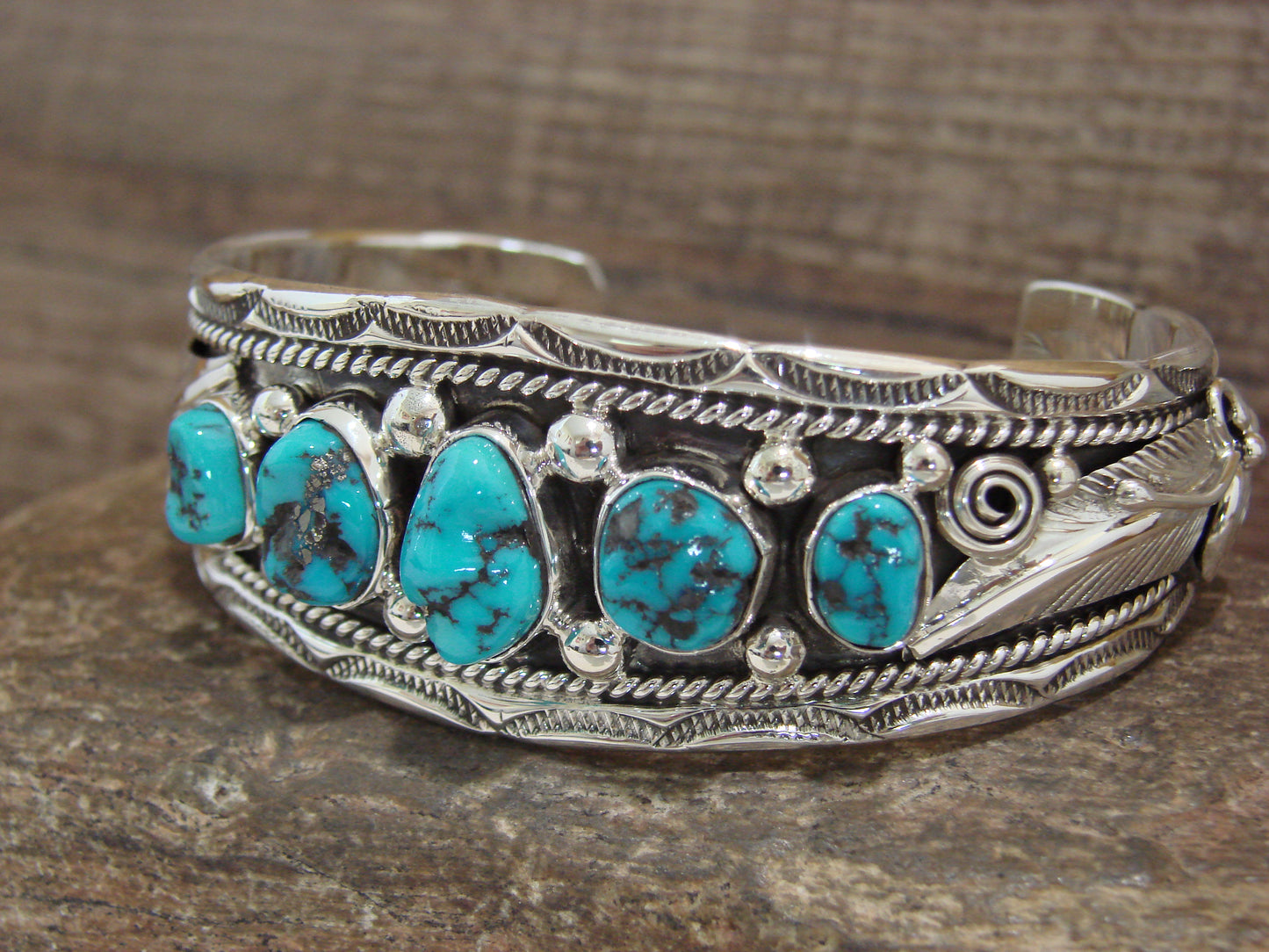 Native American Sterling Silver & Turquoise Row Cuff Bracelet by Morgan