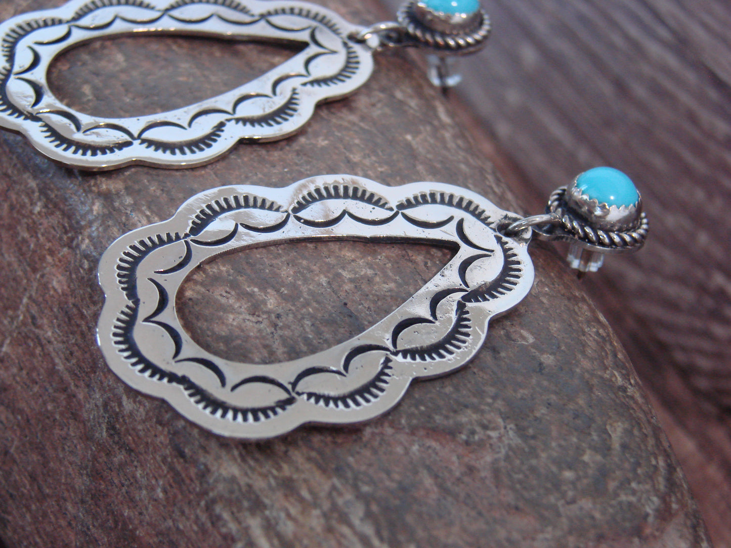 Native American  Nickel Silver & Turquoise Dangle Post Earrings - Cleveland