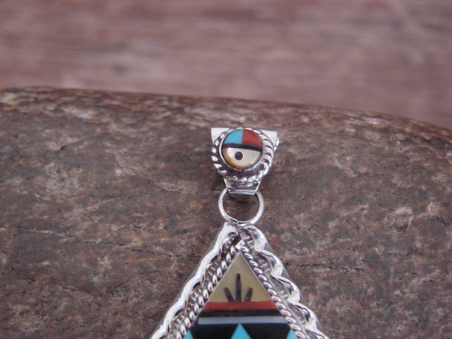 Native American Sterling Silver Turquoise Inlay Sunface Pendant - Signed Yuselew