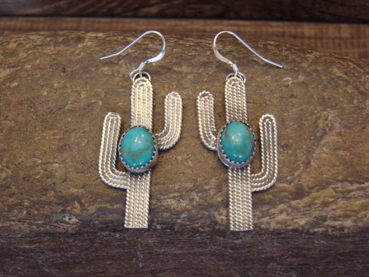 Native American Sterling Silver Turquoise Cactus Dangle Earrings - Chiquito