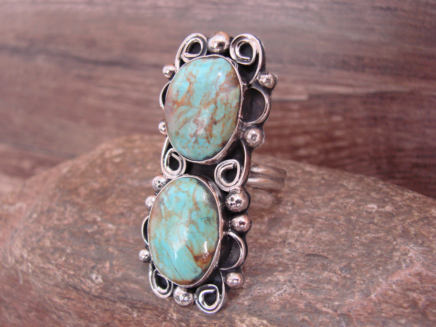 Native American Nickel Silver & Turquoise Adjustable Ring by Cleveland - Size 8 - 10