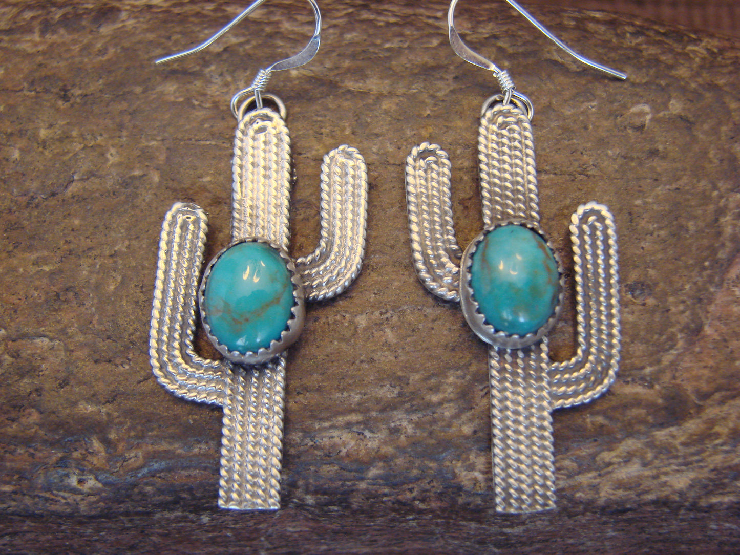 Native American Sterling Silver Turquoise Cactus Dangle Earrings - Chiquito