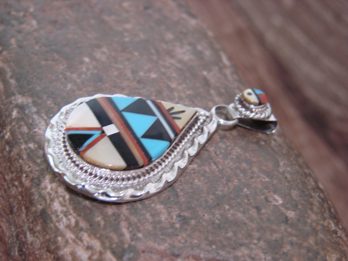 Native American Sterling Silver Turquoise Inlay Sunface Pendant - Signed Yuselew