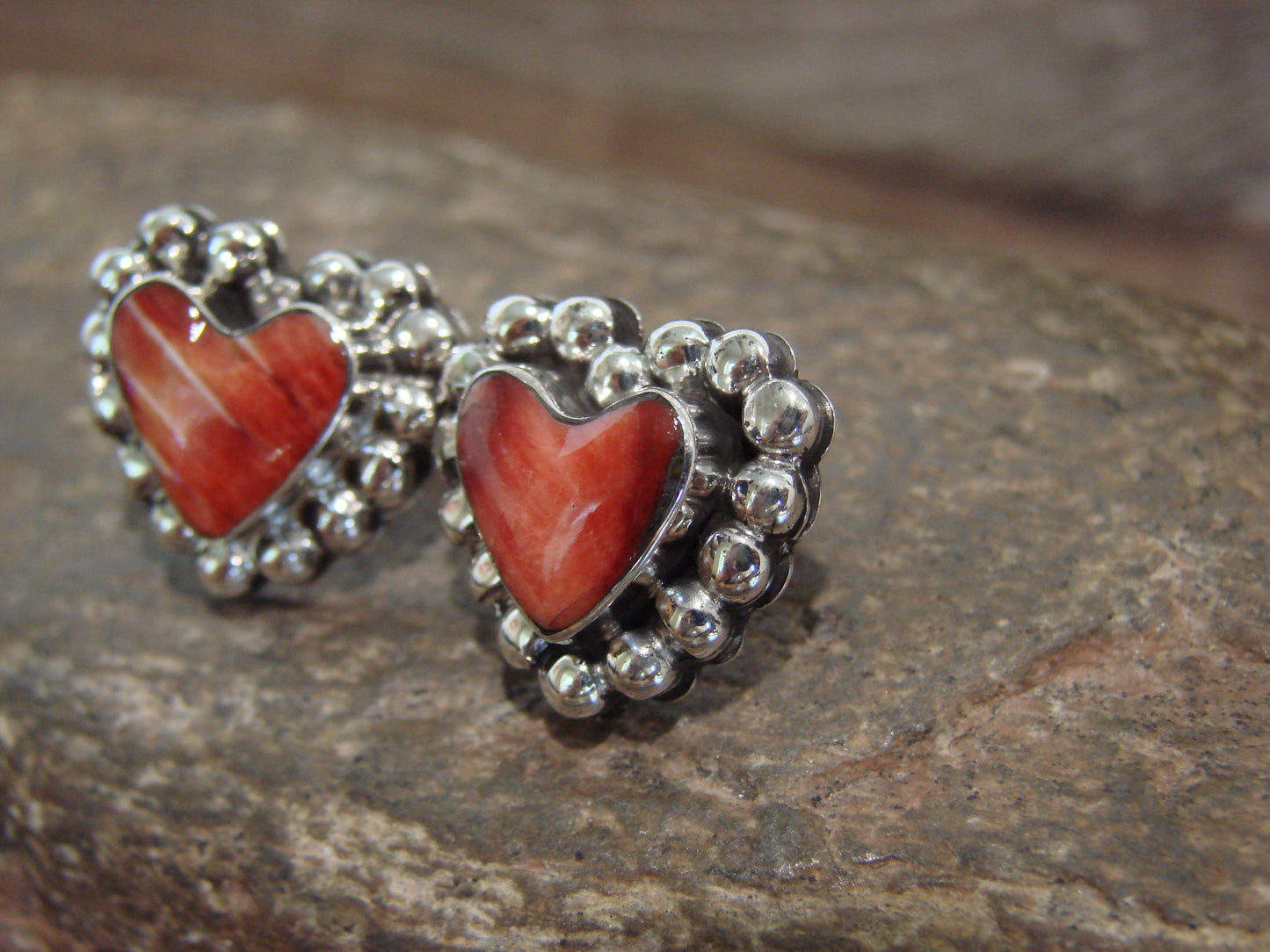 Native American Sterling Silver & Spiny Oyster Heart Post Earrings by Martinez