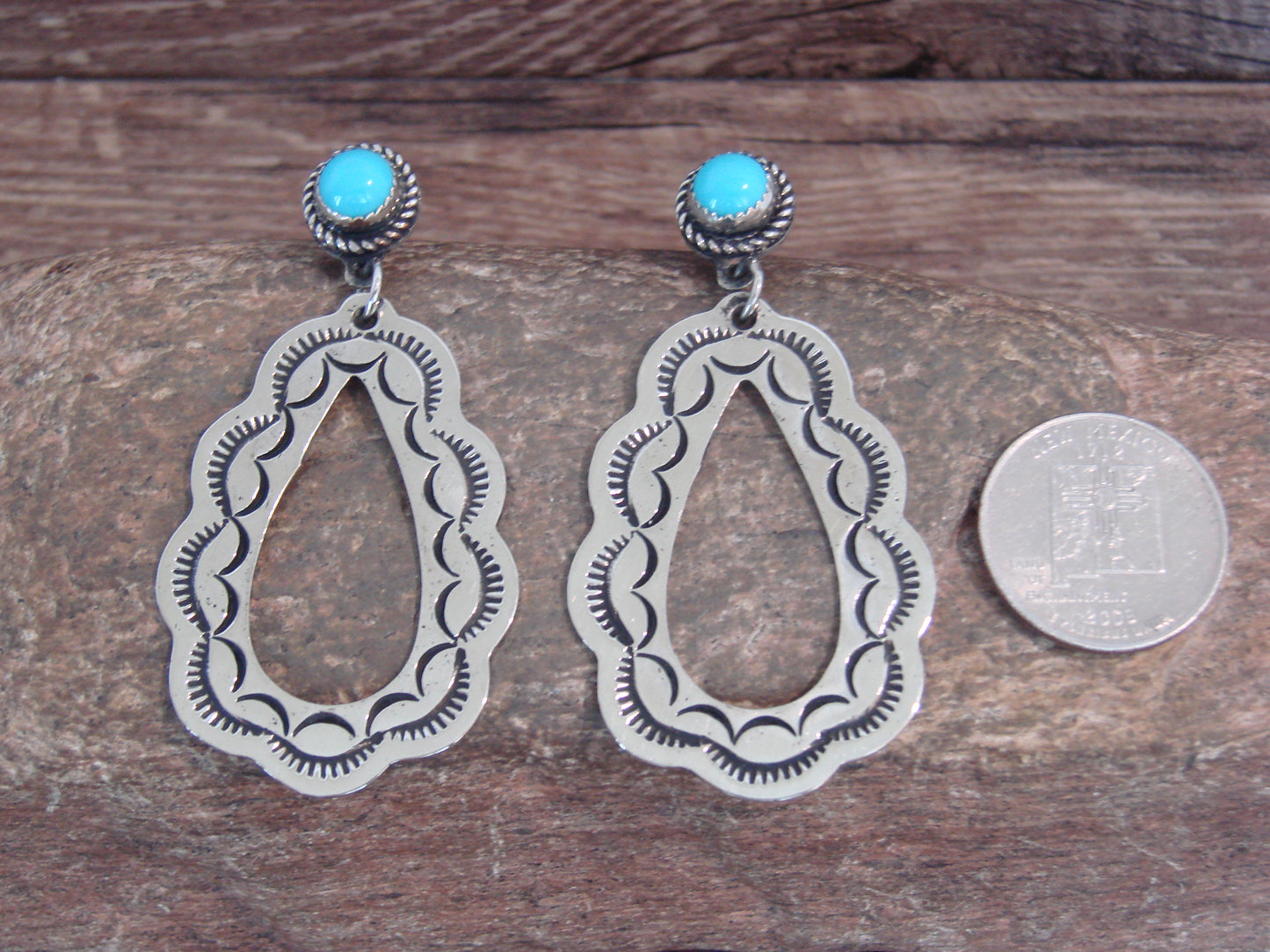 Native American  Nickel Silver & Turquoise Dangle Post Earrings - Cleveland