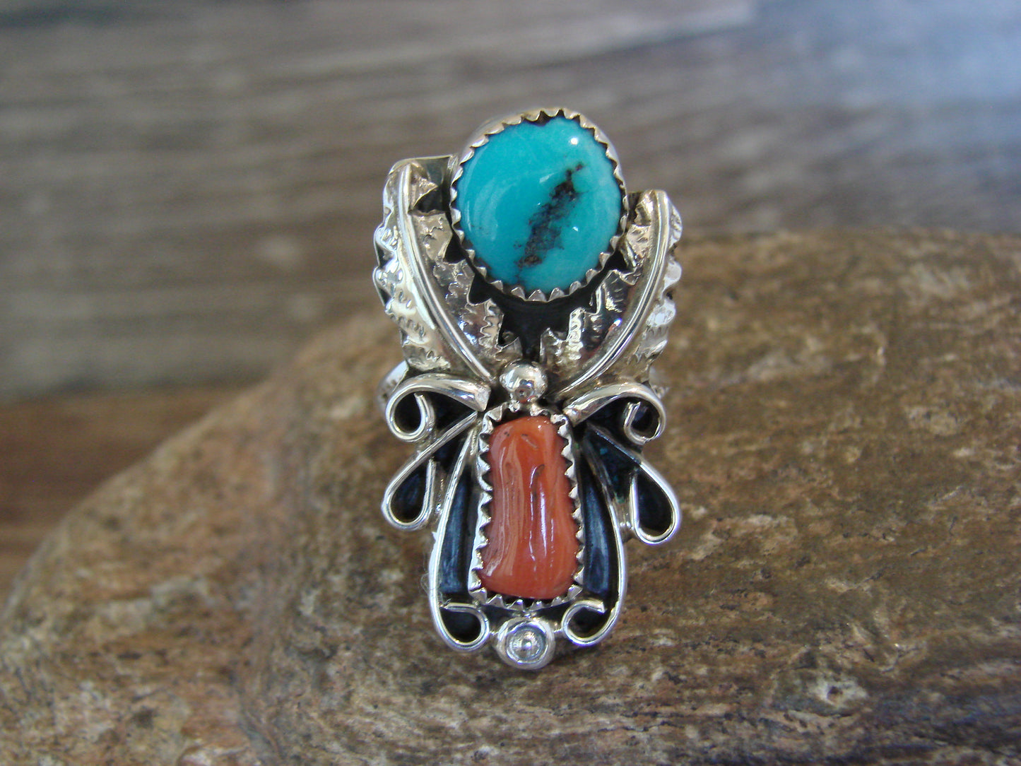 Native American Sterling Silver Turquoise & Coral Ring - Size 6.5 - Signed HBY