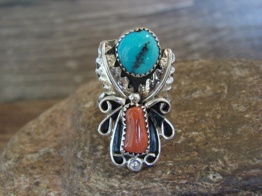 Native American Sterling Silver Turquoise & Coral Ring - Size 6.5 - Signed HBY