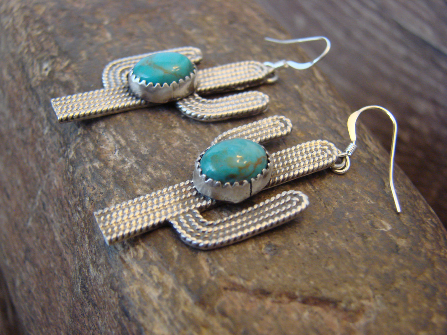 Native American Sterling Silver Turquoise Cactus Dangle Earrings - Chiquito