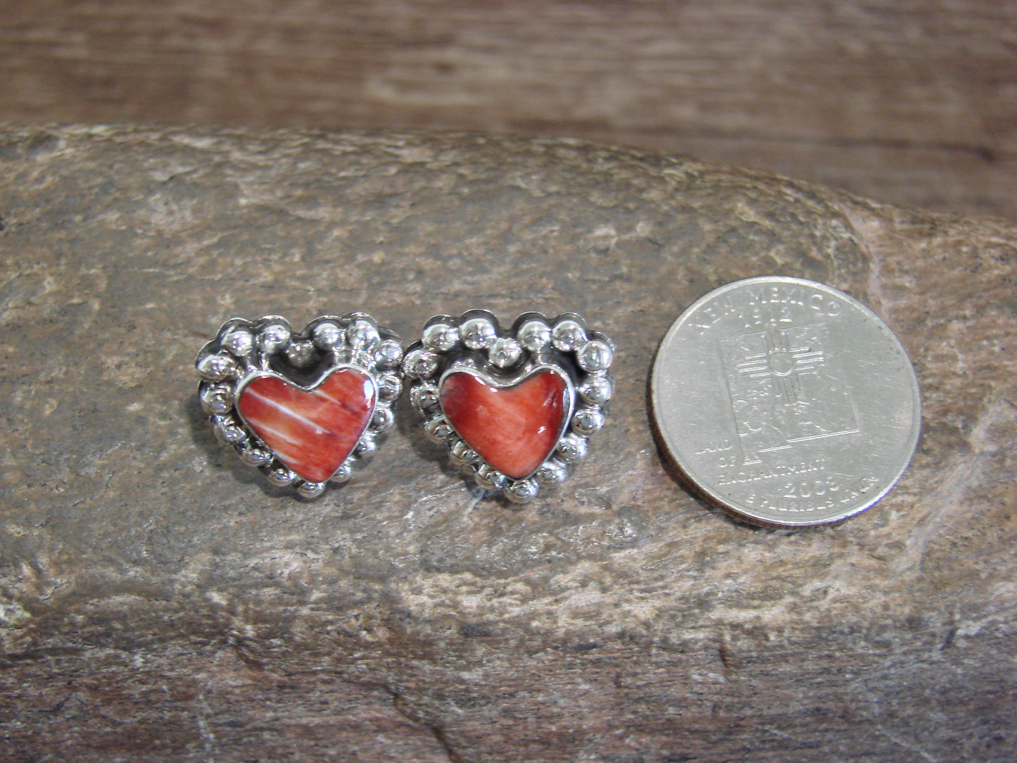 Native American Sterling Silver & Spiny Oyster Heart Post Earrings by Martinez
