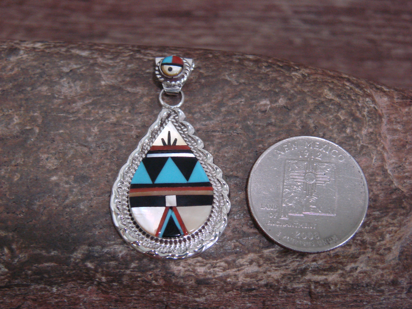 Native American Sterling Silver Turquoise Inlay Sunface Pendant - Signed Yuselew