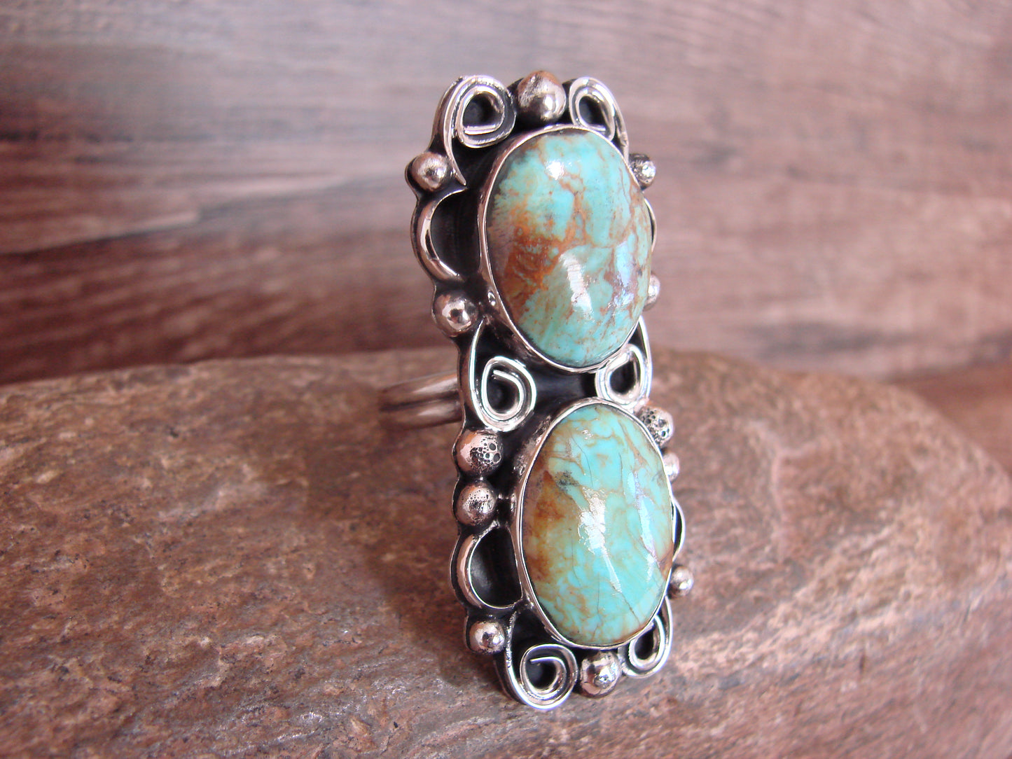 Native American Nickel Silver & Turquoise Adjustable Ring by Cleveland - Size 8 - 10