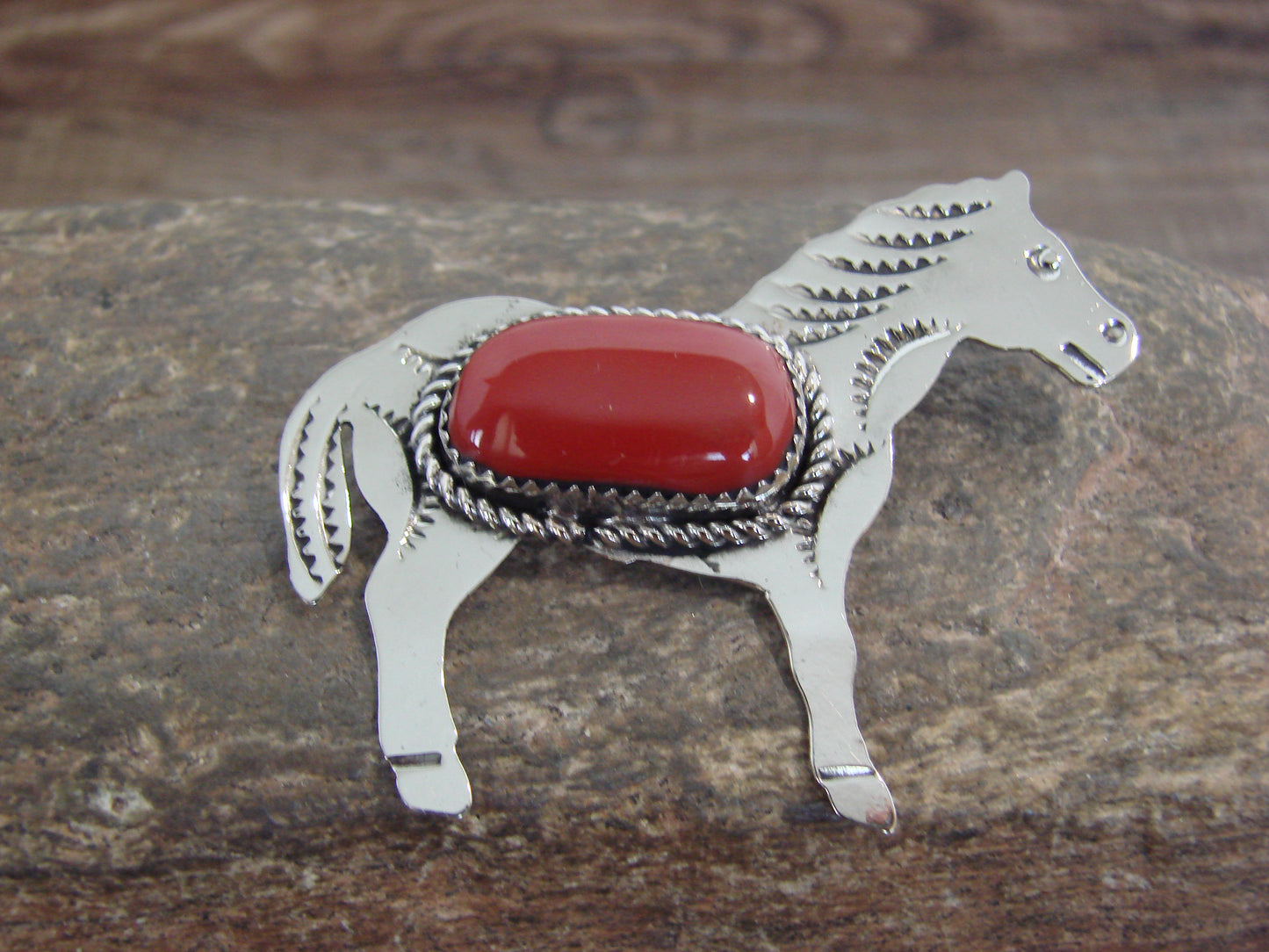 Native American Nickel Silver & Coral Horse Pendant - Cleveland
