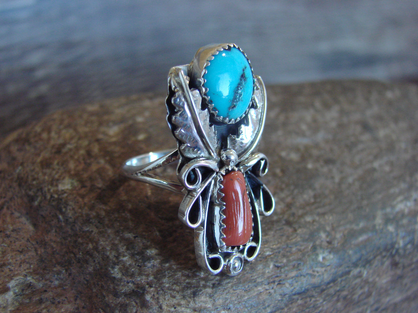 Native American Sterling Silver Turquoise & Coral Ring - Size 6.5 - Signed HBY