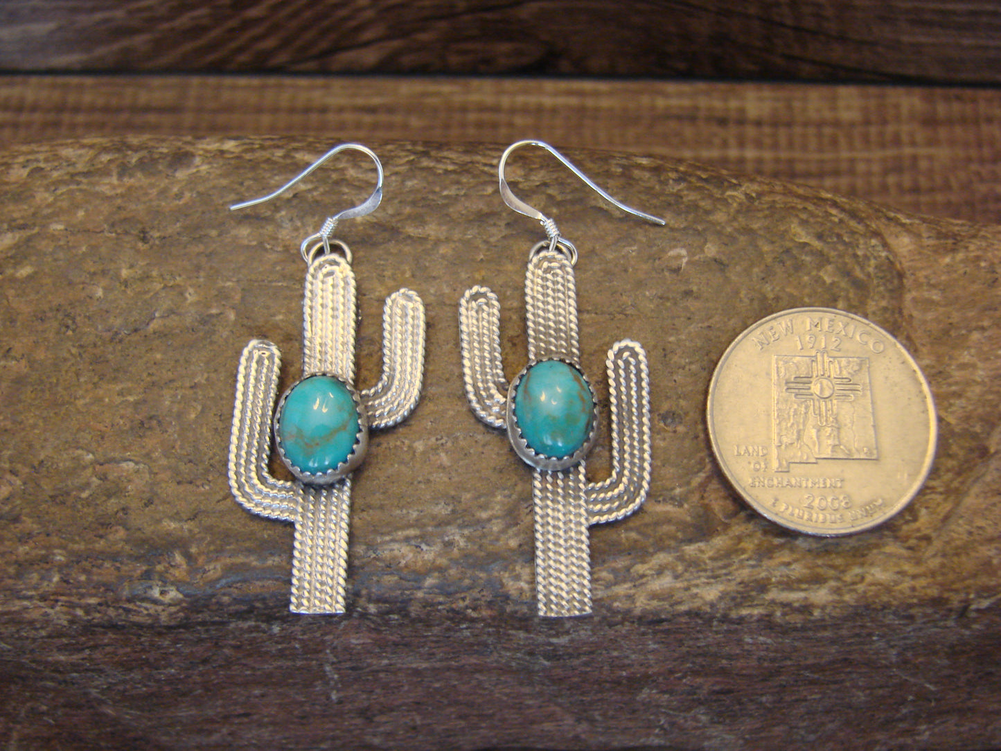 Native American Sterling Silver Turquoise Cactus Dangle Earrings - Chiquito