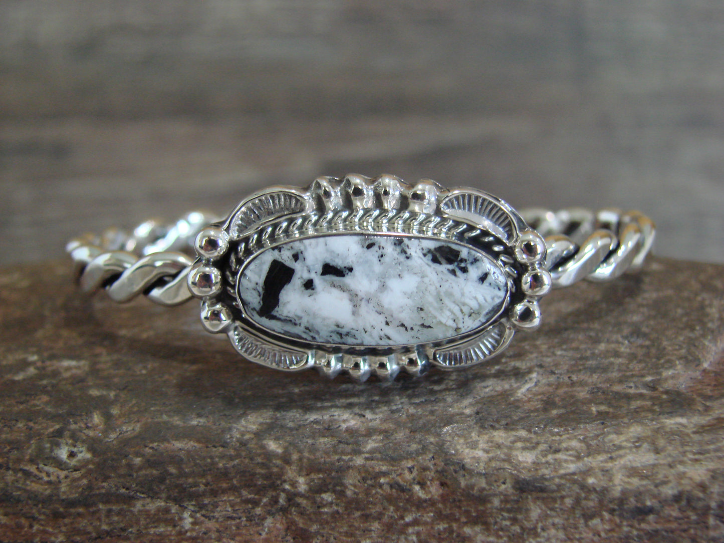 Native American Sterling Silver White Buffalo Turquoise Bracelet by Silversmith