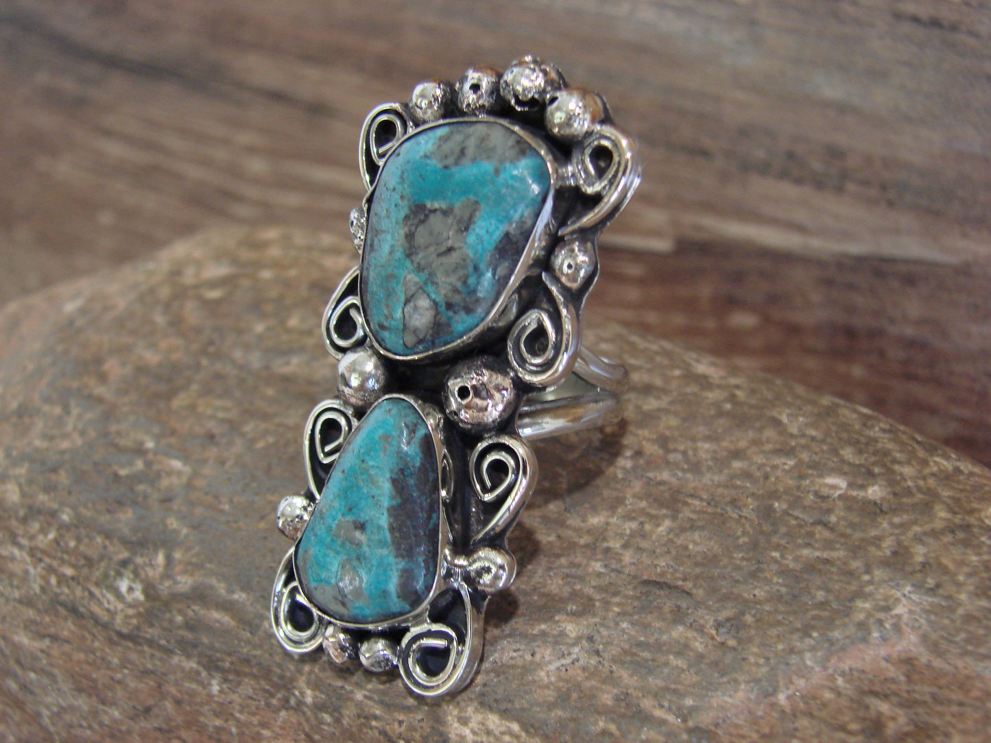 Native American Nickel Silver & Turquoise Ring by Cleveland - Size 9.5