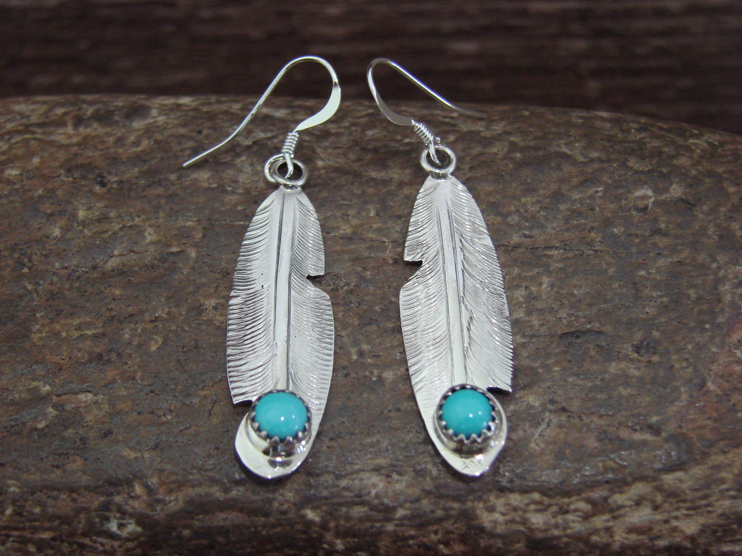 Native American Sterling Silver & Turquoise Feather Dangle Earrings by Francisco