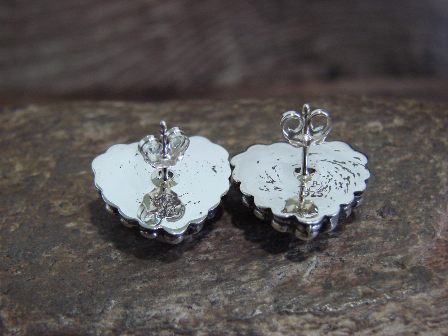 Native American Sterling Silver & Spiny Oyster Heart Post Earrings by Martinez