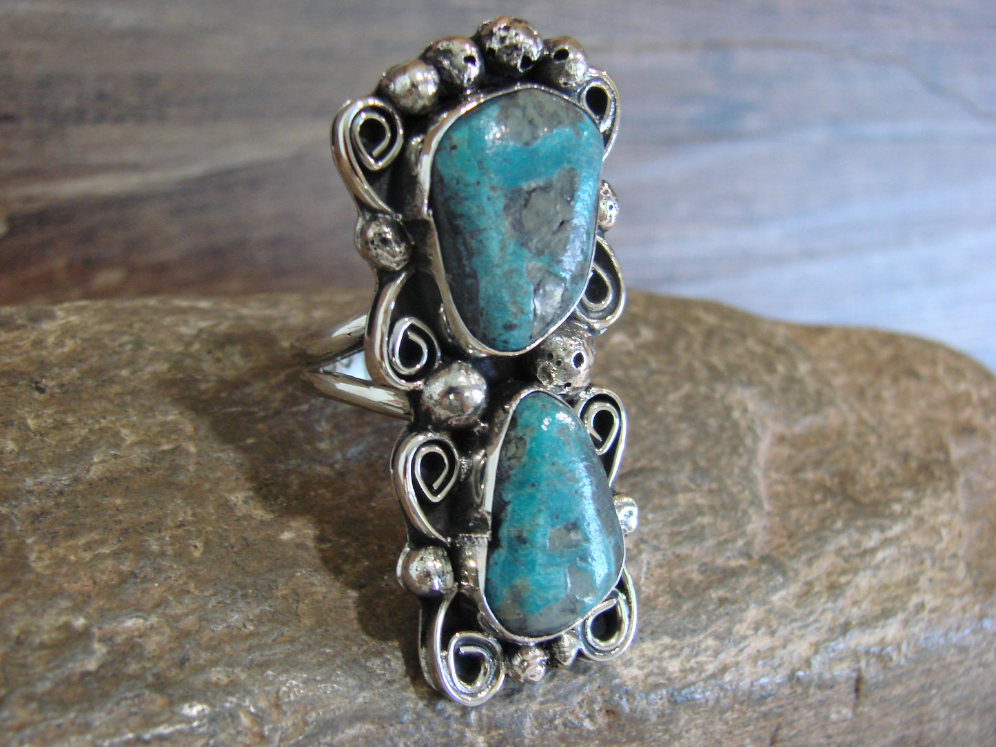 Native American Nickel Silver & Turquoise Ring by Cleveland - Size 9.5