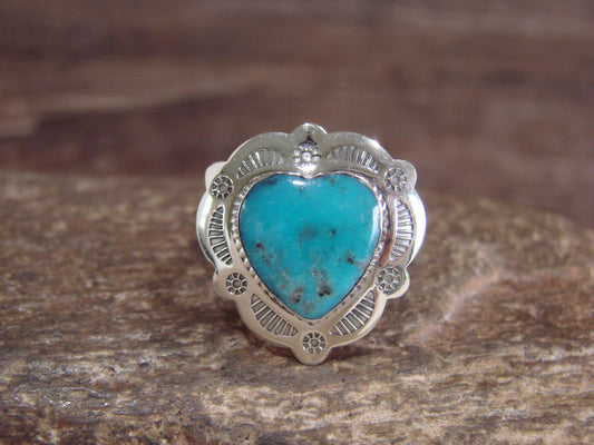 Native American Sterling Silver & Turquoise Heart Ring Size 8 - 9 - Coho