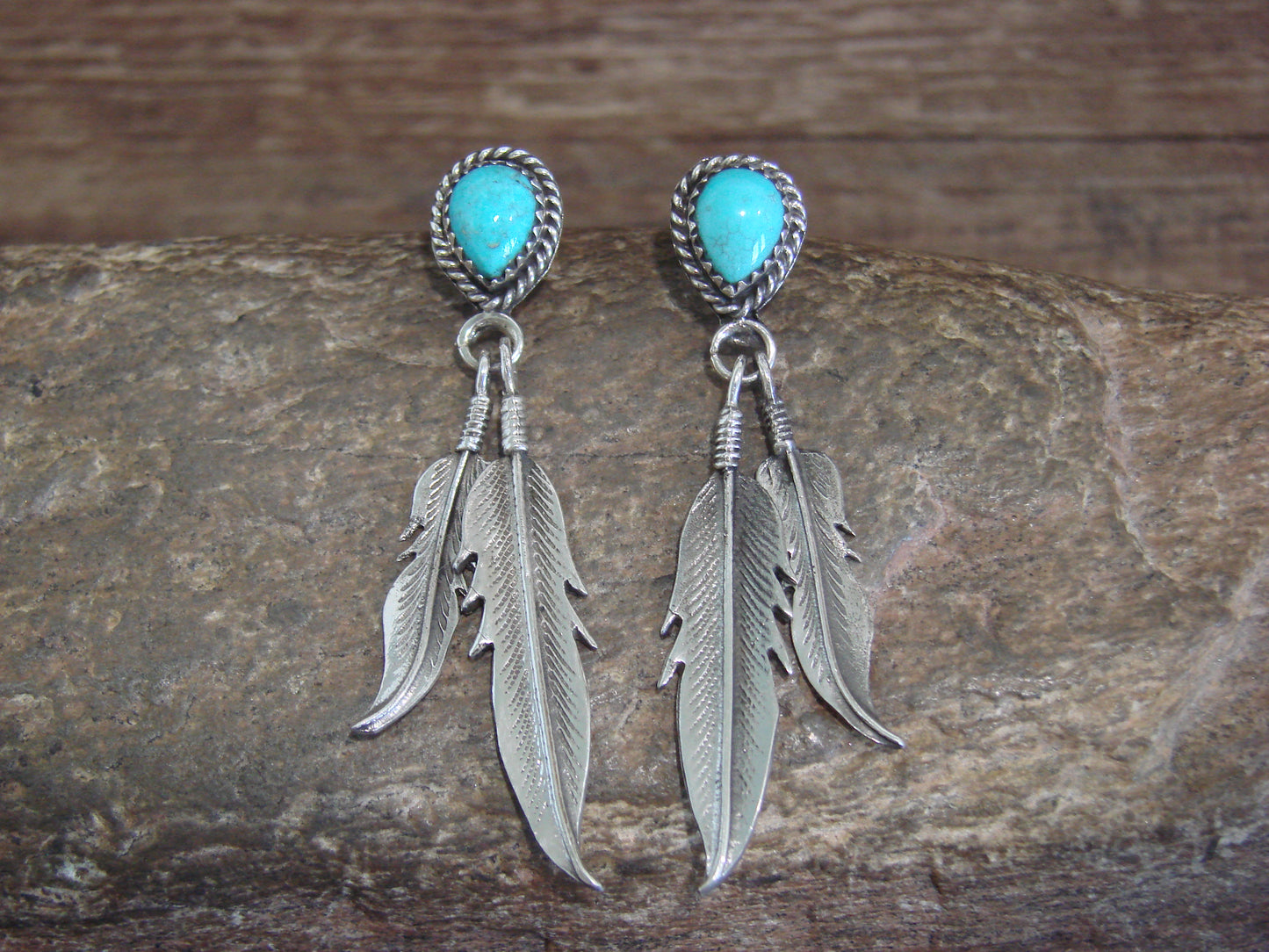 Native American Sterling Silver Turquoise Feather Post Dangle Earrings - Largo