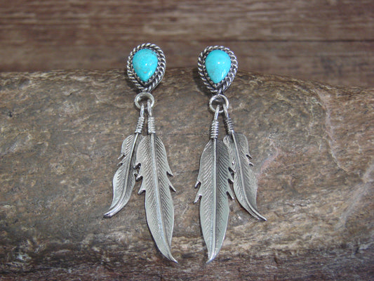 Native American Sterling Silver Turquoise Feather Post Dangle Earrings - Largo