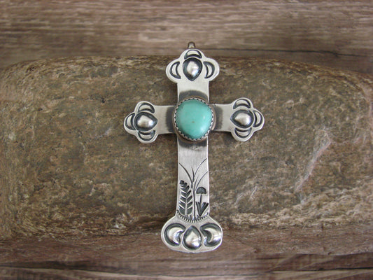 Native American Sterling Silver & Turquoise Cross Pendant Signed Cayatineto