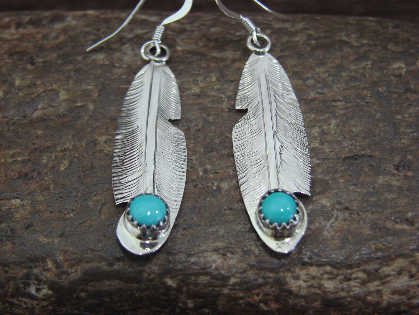 Native American Sterling Silver & Turquoise Feather Dangle Earrings by Francisco