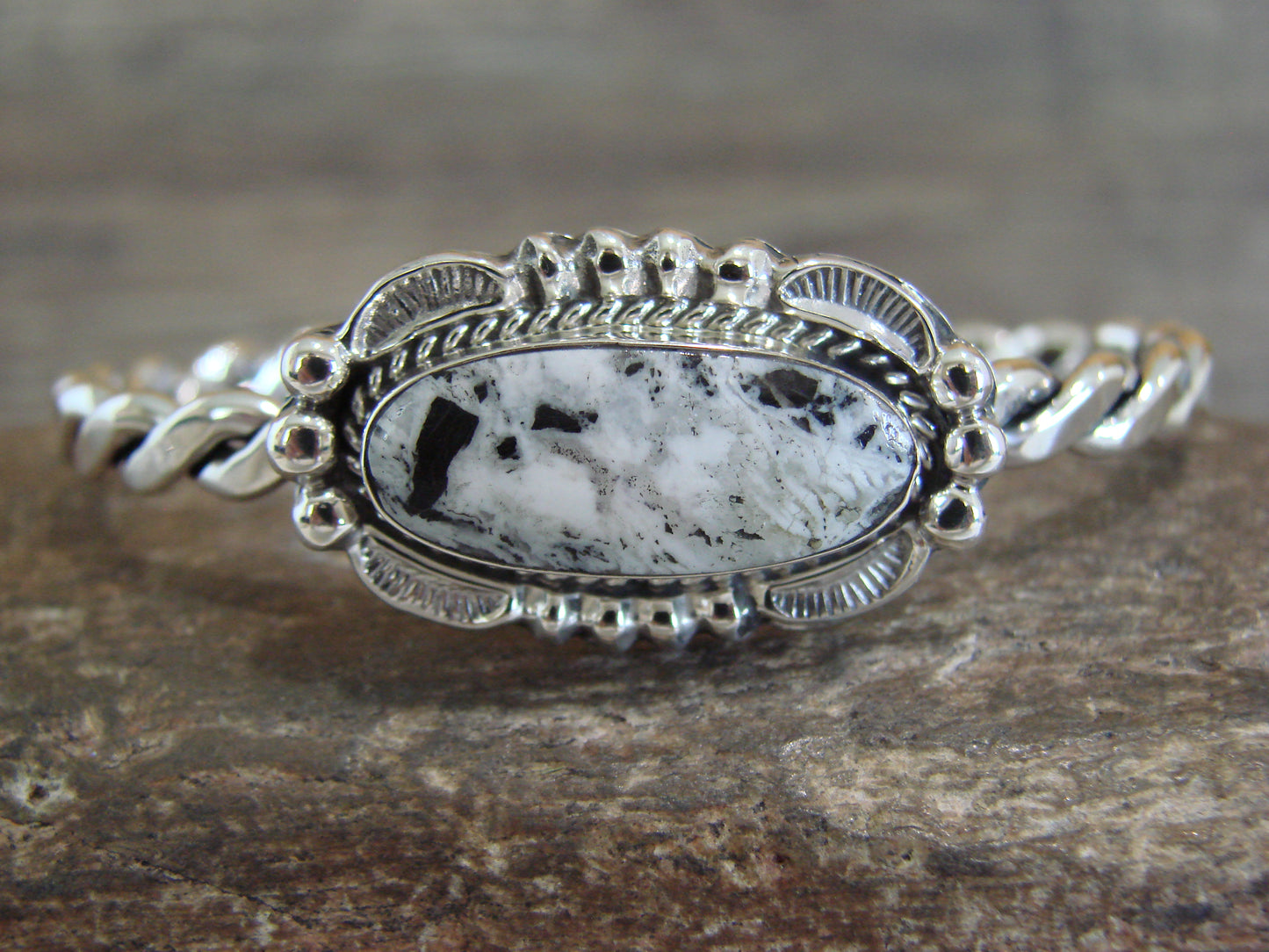 Native American Sterling Silver White Buffalo Turquoise Bracelet by Silversmith