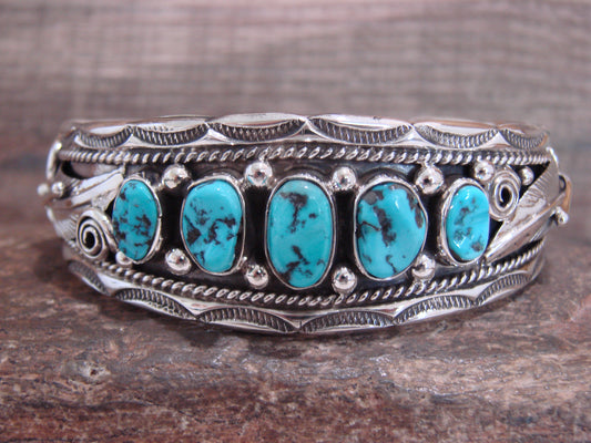 Native American Sterling Silver & Turquoise Row Cuff Bracelet by Morgan