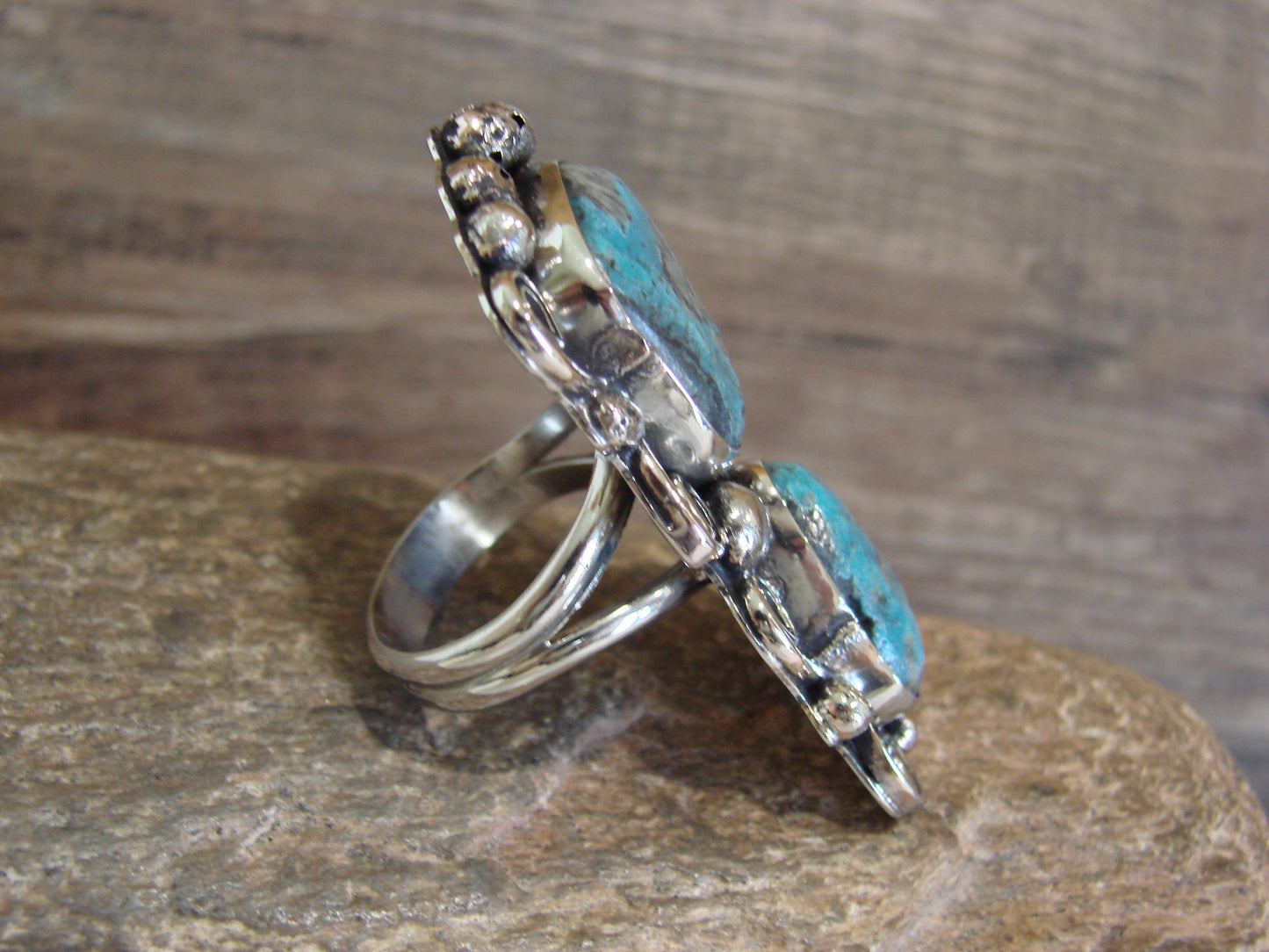 Native American Nickel Silver & Turquoise Ring by Cleveland - Size 9.5