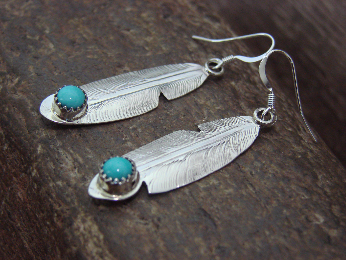 Native American Sterling Silver & Turquoise Feather Dangle Earrings by Francisco