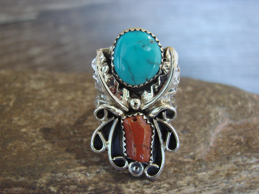 Native American Sterling Silver Turquoise & Coral Ring - Size 7.5 - Signed HBY