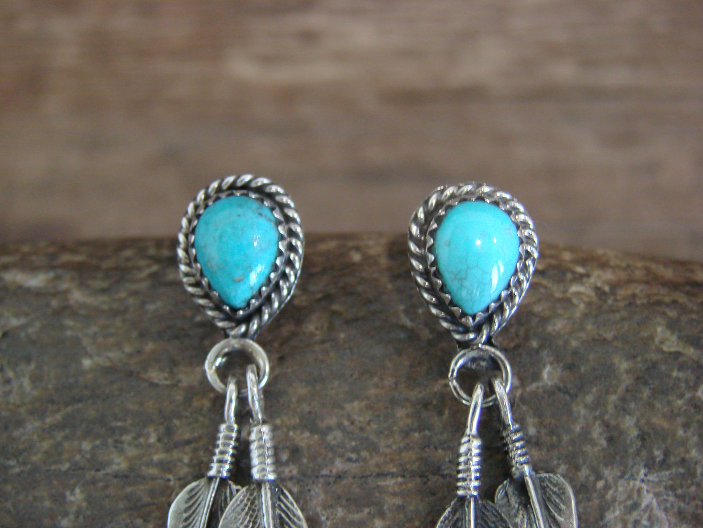 Native American Sterling Silver Turquoise Feather Post Dangle Earrings - Largo