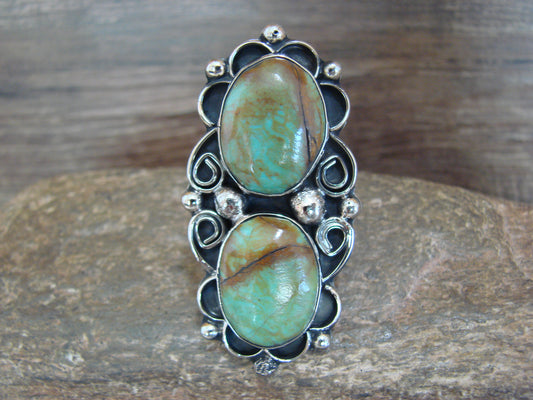 Native American Nickel Silver & Turquoise Adjustable Ring by Cleveland - Size 8 - 10