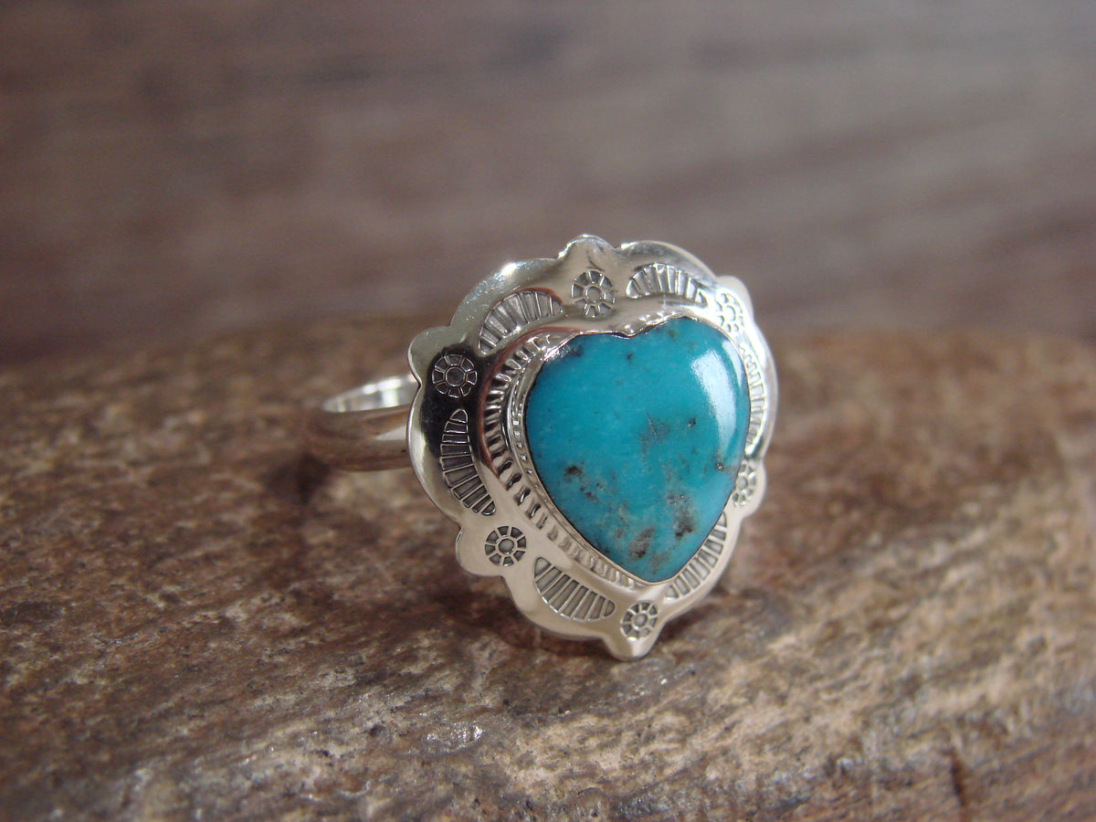 Native American Sterling Silver & Turquoise Heart Ring Size 8 - 9 - Coho