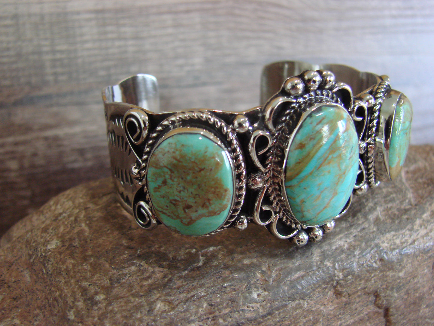 Native American Indian Nickel Silver & Turquoise Bracelet by Cleveland