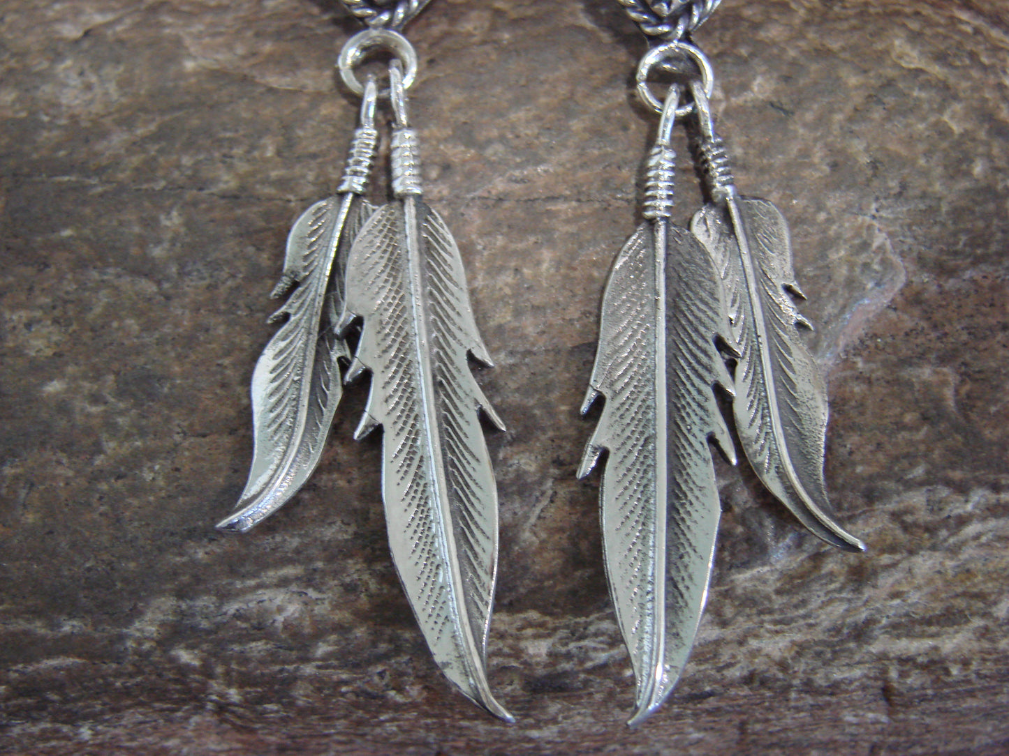 Native American Sterling Silver Turquoise Feather Post Dangle Earrings - Largo