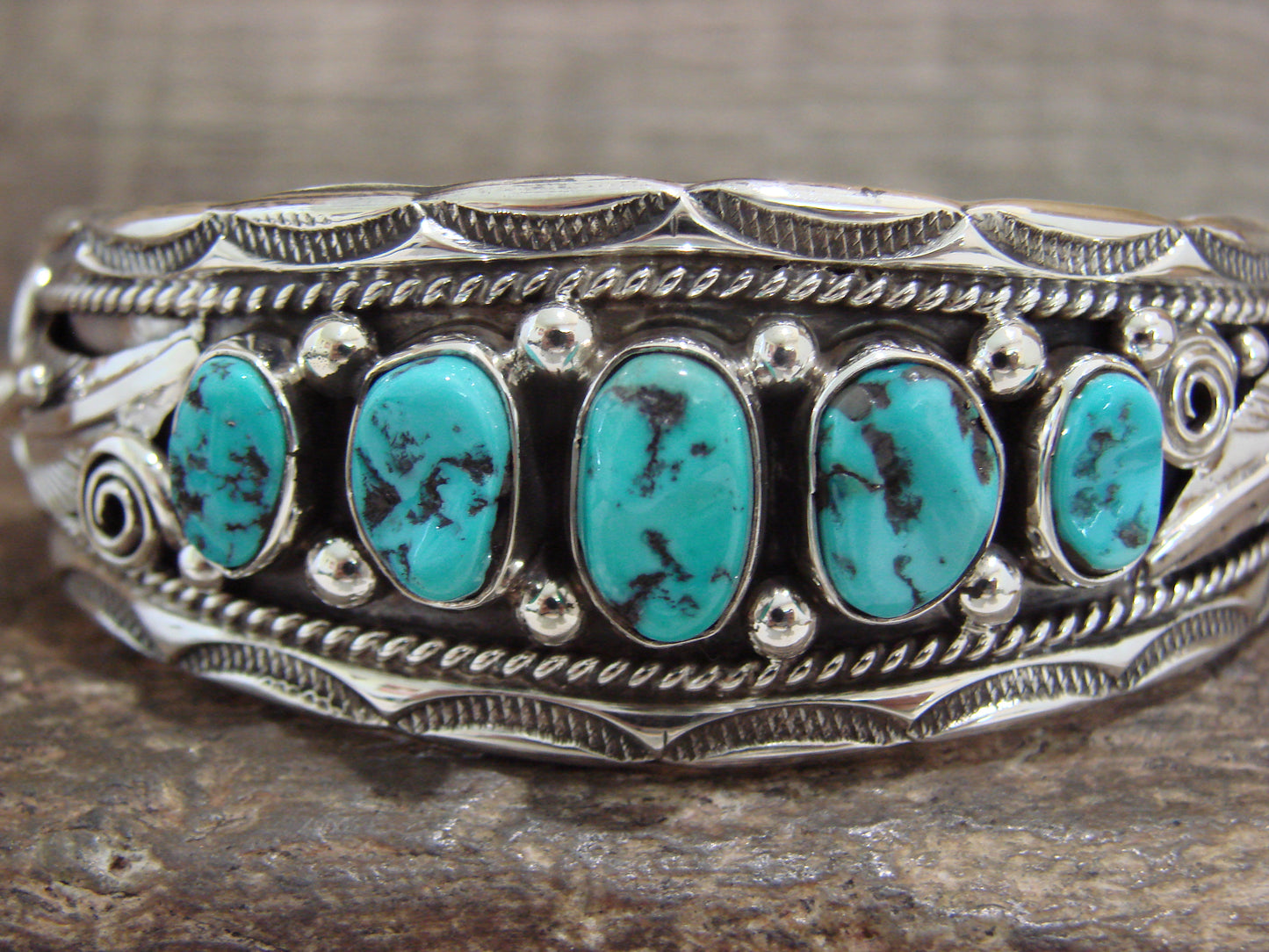 Native American Sterling Silver & Turquoise Row Cuff Bracelet by Morgan