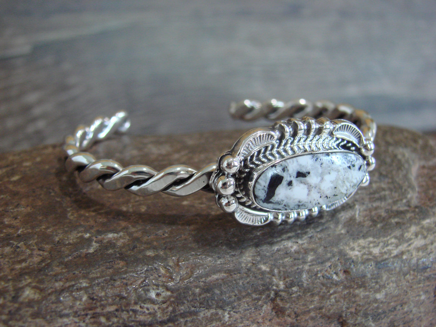 Native American Sterling Silver White Buffalo Turquoise Bracelet by Silversmith