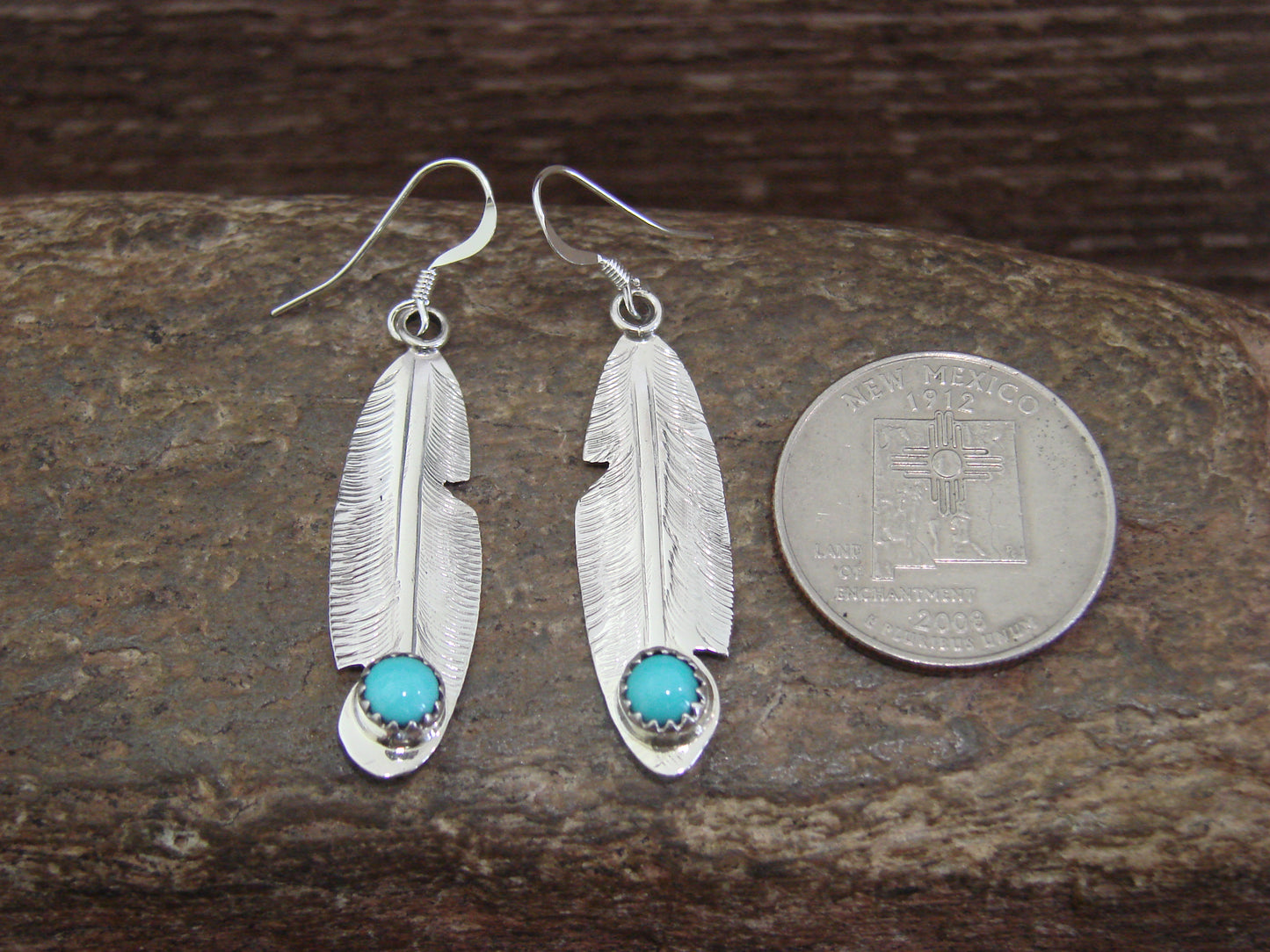 Native American Sterling Silver & Turquoise Feather Dangle Earrings by Francisco