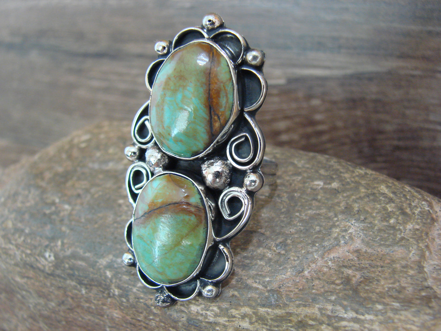Native American Nickel Silver & Turquoise Adjustable Ring by Cleveland - Size 8 - 10