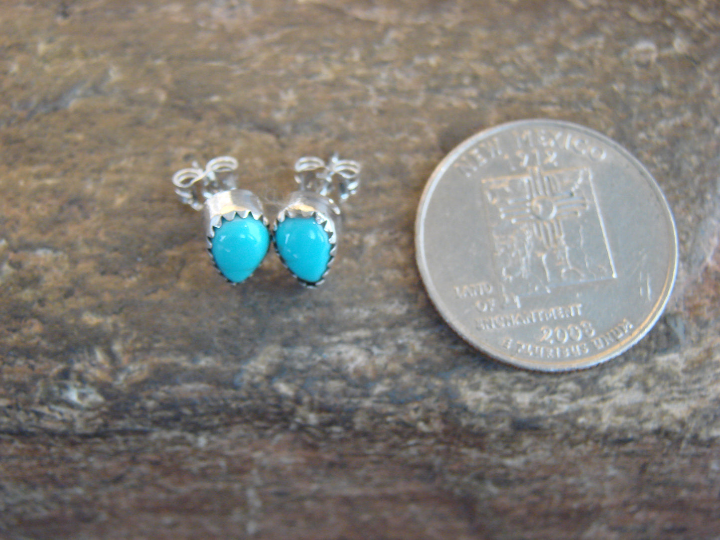 Native American Sterling Silver & Turquoise Tear Drop Post Earrings - Joe