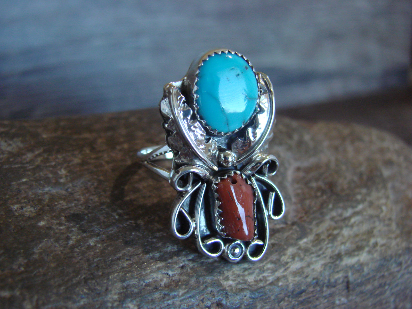 Native American Sterling Silver Turquoise & Coral Ring - Size 7.5 - Signed HBY