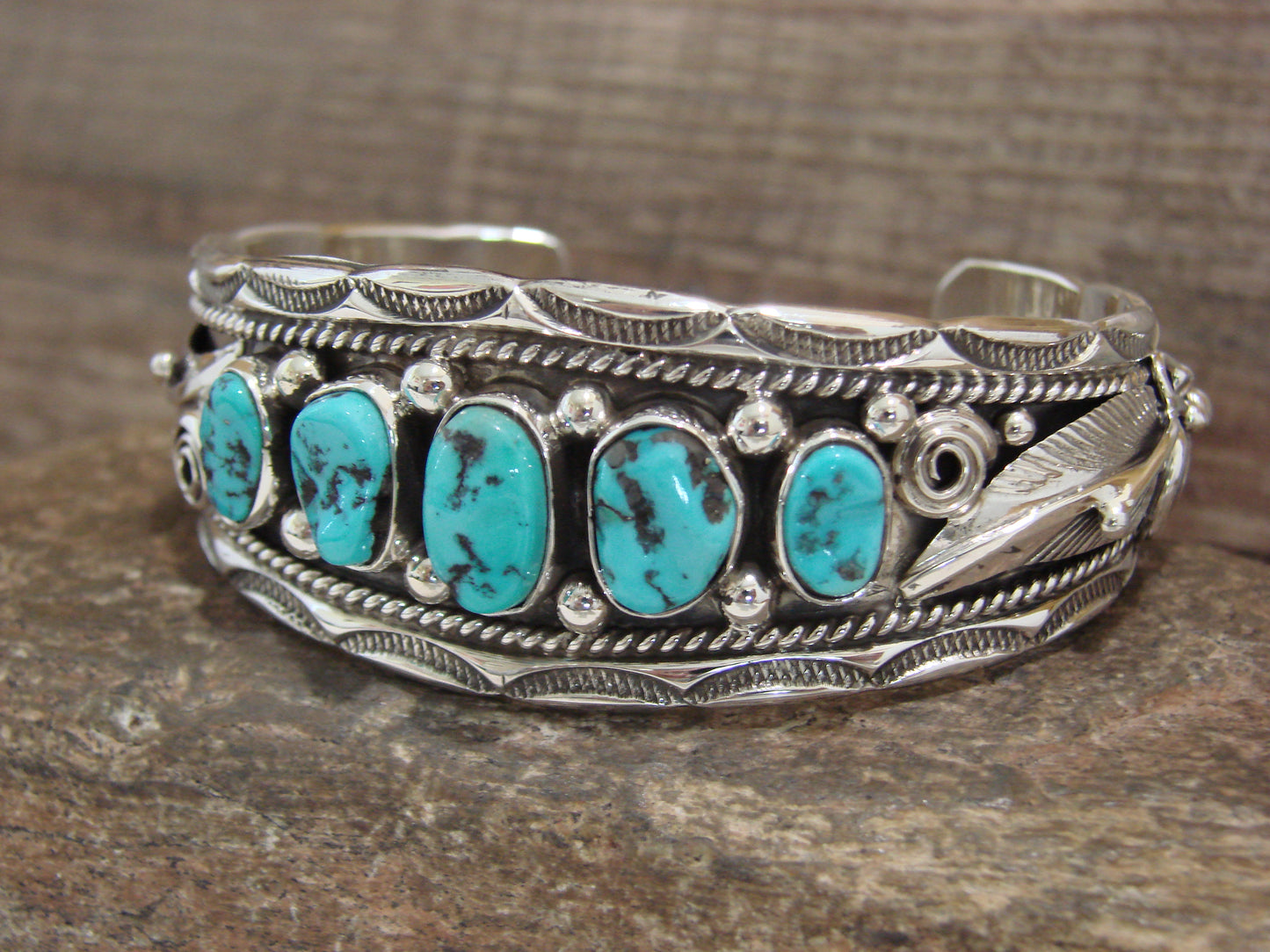 Native American Sterling Silver & Turquoise Row Cuff Bracelet by Morgan