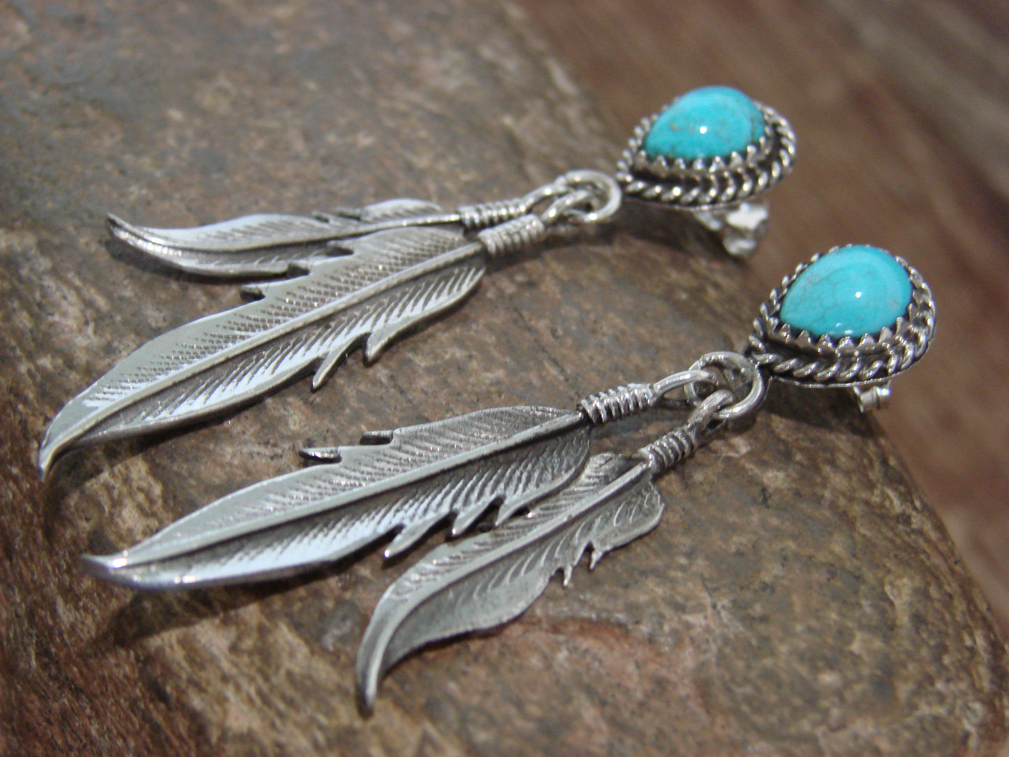 Native American Sterling Silver Turquoise Feather Post Dangle Earrings - Largo