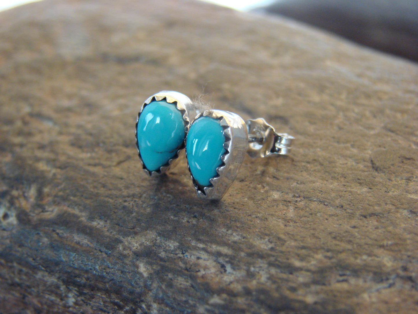 Native American Sterling Silver & Turquoise Tear Drop Post Earrings - Joe