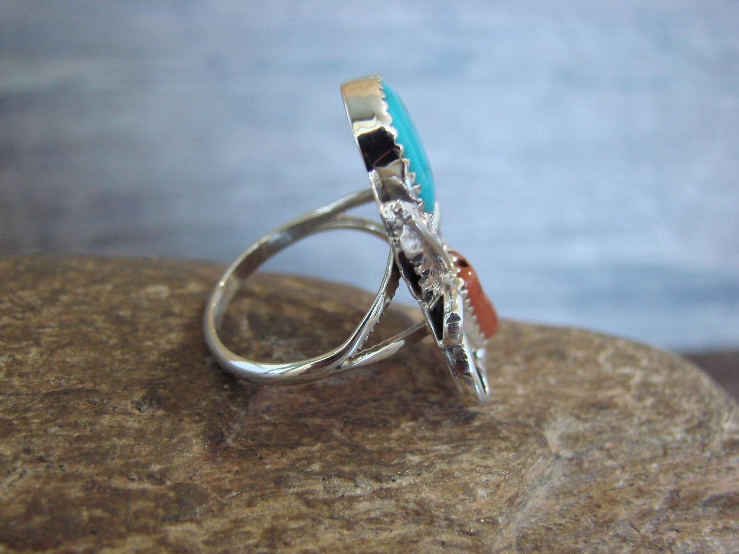 Native American Sterling Silver Turquoise & Coral Ring - Size 7.5 - Signed HBY