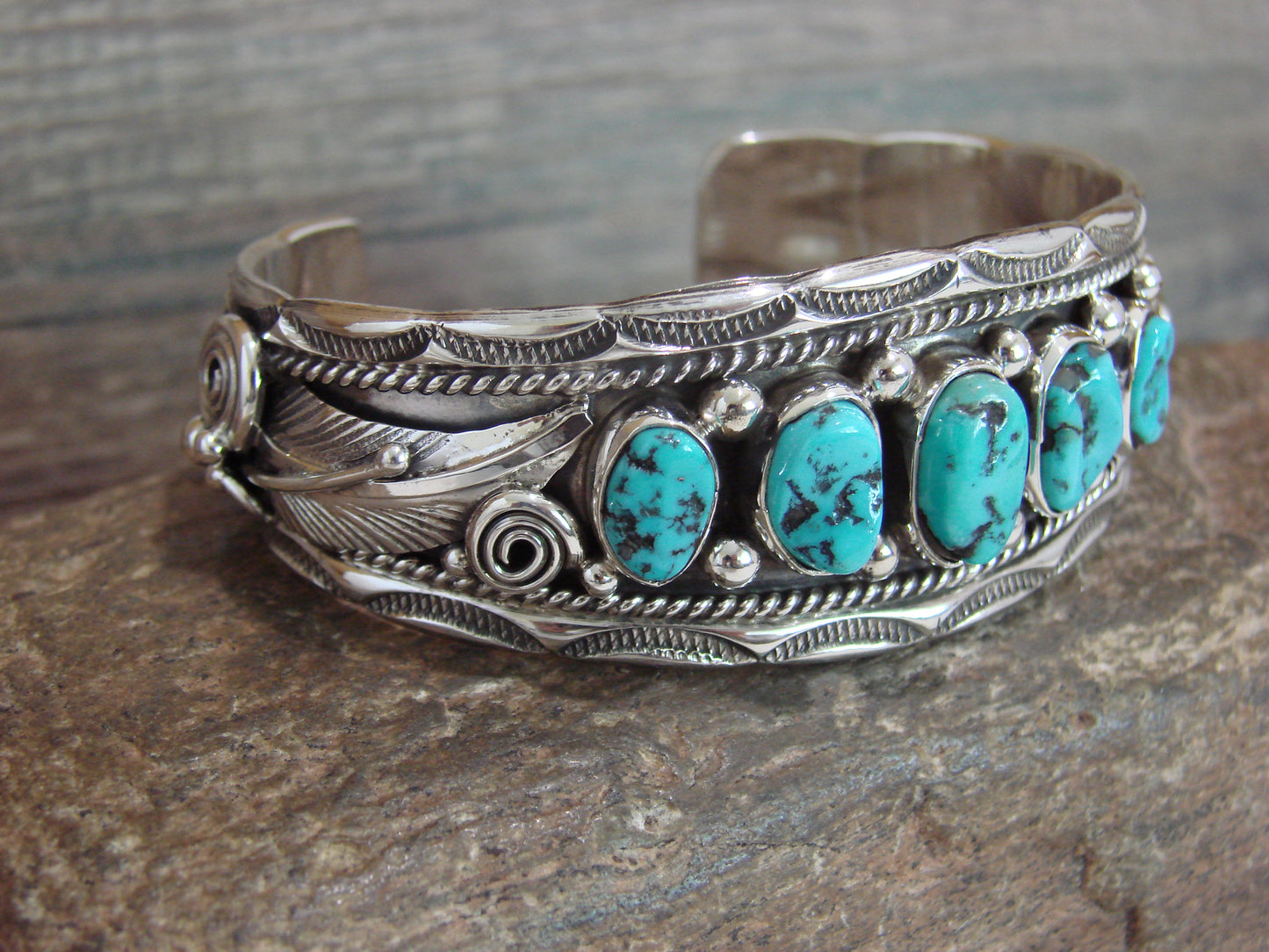 Native American Sterling Silver & Turquoise Row Cuff Bracelet by Morgan