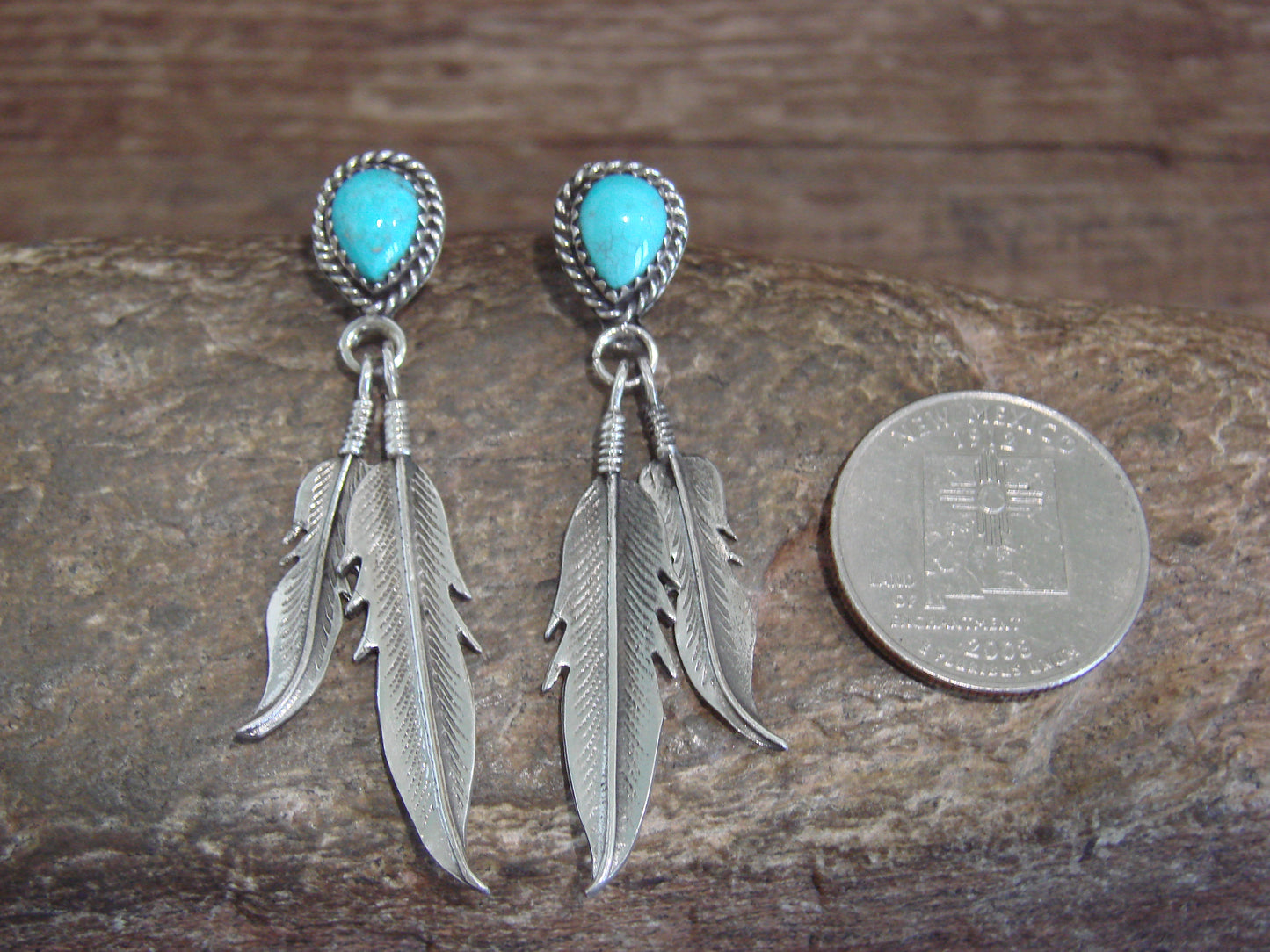 Native American Sterling Silver Turquoise Feather Post Dangle Earrings - Largo